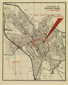 214075 Plattegrond van de stad Utrecht, met weergave van het stratenplan met namen (ged.), wegen, watergangen, ...